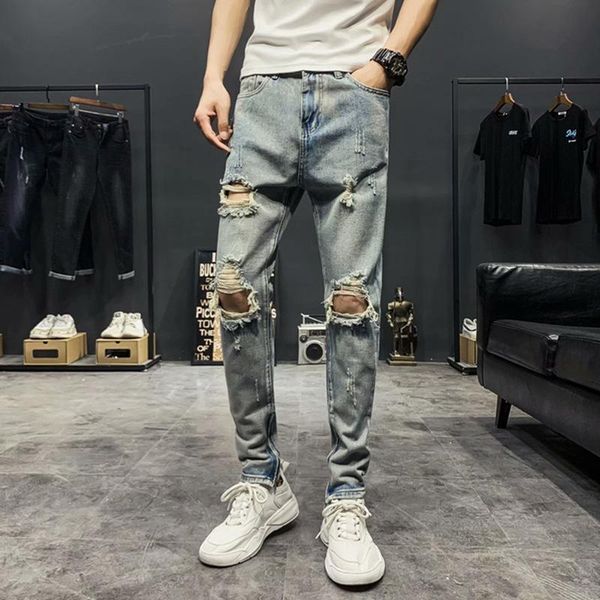 men's jeans slim summer thin ripped patch cropped trousers stretch skull print beggar feet teenager denim, Blue
men's jeans slim summer thin ripped patch cropped trousers stretch skull print beggar feet teenager denim, Blue