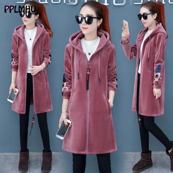 women's velvet mid-length hoodies autumn winter long sleeve with embroidered zipper jacket coat loose warm thick outerwear m-5xl 201202, Black
women's velvet mid-length hoodies autumn winter long sleeve with embroidered zipper jacket coat loose warm thick outerwear m-5xl 201202, Black