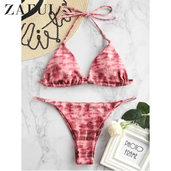 women's swimwear zaful tie dye padded thong bikini set halter triangle high leg low waist swimming suit for women biquini femme, White;black
women's swimwear zaful tie dye padded thong bikini set halter triangle high leg low waist swimming suit for women biquini femme, White;black