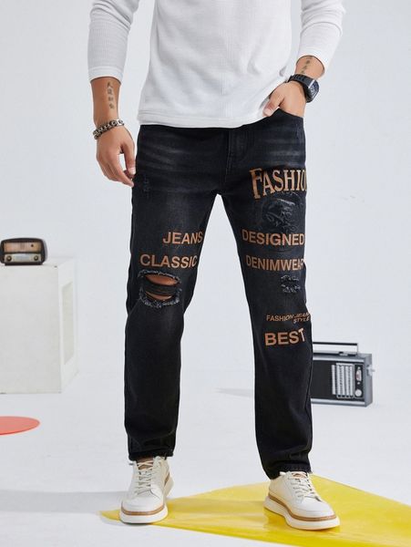men ripped frayed letter graphic cat scratch jeans l1mg#, Blue 
men ripped frayed letter graphic cat scratch jeans l1mg#, Blue