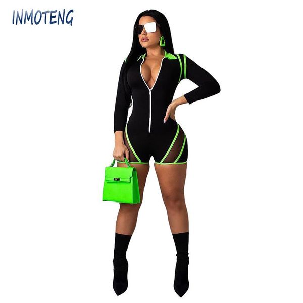 inmoteng sheer mesh patchwork playsuits casual long sleeve zipper fluorescent color trim shorts jumpsuit night club overall, Black;white
inmoteng sheer mesh patchwork playsuits casual long sleeve zipper fluorescent color trim shorts jumpsuit night club overall, Black;white