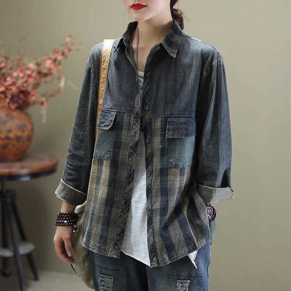 women's blouses & shirts arrival spring autumn women long sleeve loose patchwork cotton denim plaid casual blouse fe vs0v, White
women's blouses & shirts arrival spring autumn women long sleeve loose patchwork cotton denim plaid casual blouse fe vs0v, White
