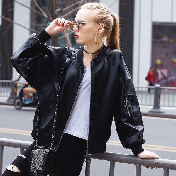 women's leather & faux jacket women bomber fashion long sleeve autumn outerwear coat female loose zipper streetwear kurtki damskie, Black
women's leather & faux jacket women bomber fashion long sleeve autumn outerwear coat female loose zipper streetwear kurtki damskie, Black