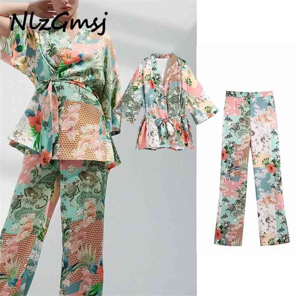 set print kimono blouse elegant long sleeve belt short fashion side vintage woman 05 210628, White 
set print kimono blouse elegant long sleeve belt short fashion side vintage woman 05 210628, White