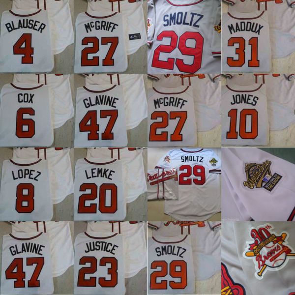 

1995 world series jersey 10 chipper jones 4 jeff blauser 6 bobby cox 8 javier lopez 20 mark lemke 23 fred mcgriff 29 smoltz 31 maddux 47 tom, Blue;black