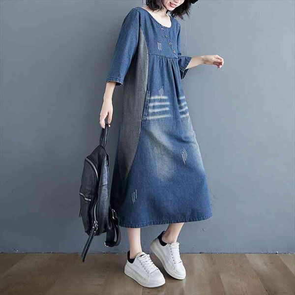 women denim dress vintage temperament simple patchwork loose knee length scratch bleaches three quarter sleeve vestidos blue, Black;gray 
women denim dress vintage temperament simple patchwork loose knee length scratch bleaches three quarter sleeve vestidos blue, Black;gray