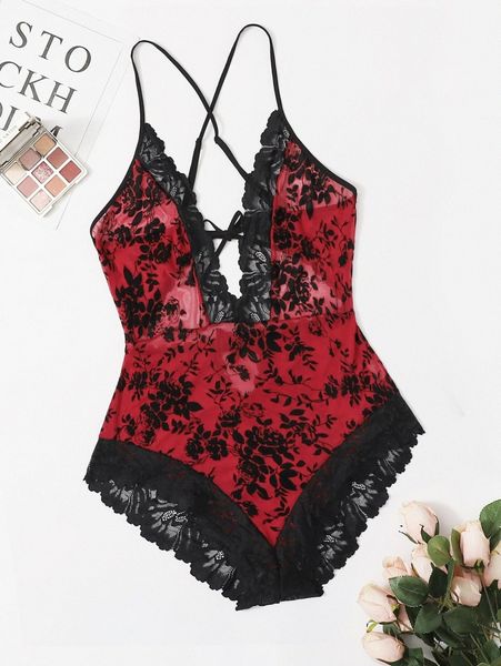 plus floral flocked velvet teddy bodysuit g3vb#, Black;white 
plus floral flocked velvet teddy bodysuit g3vb#, Black;white