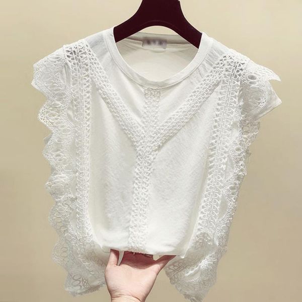 fashion short sleeve white hollow women shirt lace chiffon 3xl 4xl plus size c923
