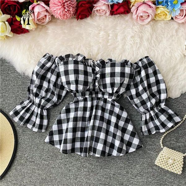 women's blouses & shirts yornmona plaid blouse shirt women off shoulder slim waist vintage ruffles design gothic ladies crop blusa, White
women's blouses & shirts yornmona plaid blouse shirt women off shoulder slim waist vintage ruffles design gothic ladies crop blusa, White