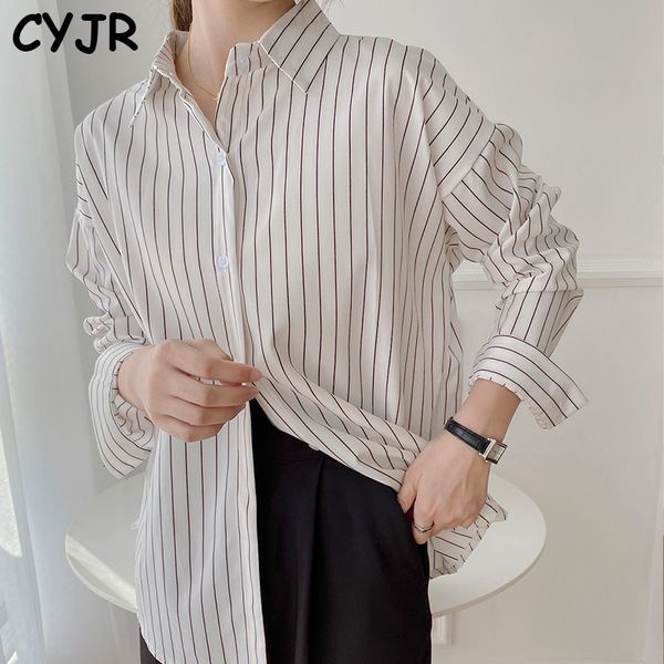 cyjr 2021 spring new woman of vintage loose stirped shirt full button up blouse elegant lady s raok, White;black
cyjr 2021 spring new woman of vintage loose stirped shirt full button up blouse elegant lady s raok, White;black