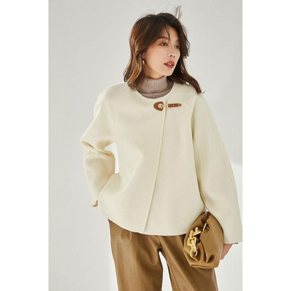 women's wool & blends winter temperament elegant loose warm cashmere handsome round collar short coat, Black
women's wool & blends winter temperament elegant loose warm cashmere handsome round collar short coat, Black