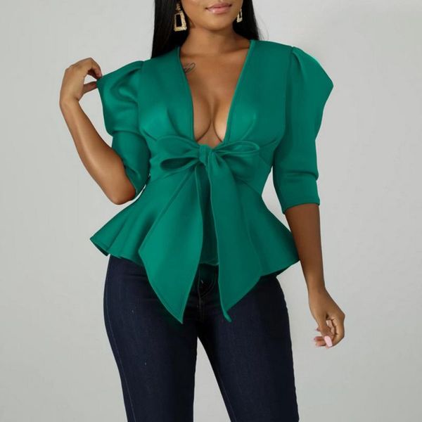 women scuba bowtie peplum puff blouse shirts half sleeve v neck elegant office ladies workwear streetwear, White
women scuba bowtie peplum puff blouse shirts half sleeve v neck elegant office ladies workwear streetwear, White