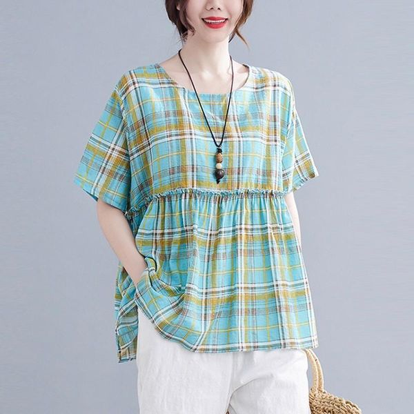 women's t-shirt women summer loose casual t-shirts arrival 2021 simple style o-neck vintage plaid female cotton linen tees s4025, White
women's t-shirt women summer loose casual t-shirts arrival 2021 simple style o-neck vintage plaid female cotton linen tees s4025, White