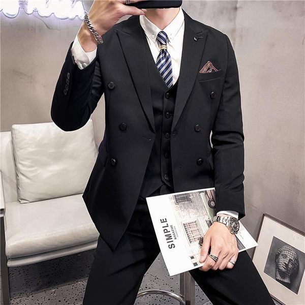 2021 new suit men's solid color double breasted trend casual slim handsome three piece suit men's england, White;black
2021 new suit men's solid color double breasted trend casual slim handsome three piece suit men's england, White;black