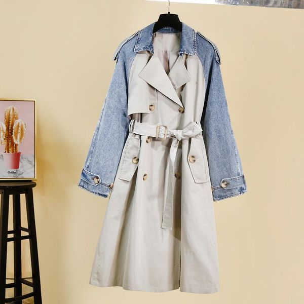 ladies windbreaker slim stitching denim fashion double-breasted with belt ladies autumn jacket, Tan;black
ladies windbreaker slim stitching denim fashion double-breasted with belt ladies autumn jacket, Tan;black