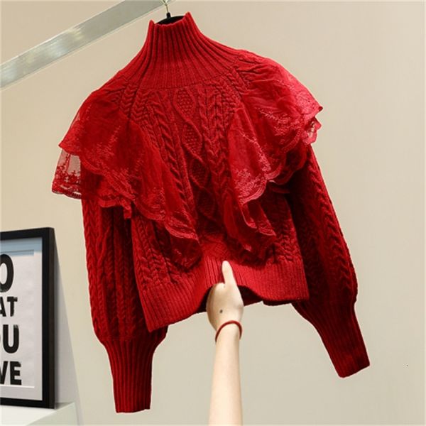 ruffled embroidered turtleneck red sweater for woman 2021 spring korean style torsion crocheted seams pullovers jumper mesh tv0h, White;black 
ruffled embroidered turtleneck red sweater for woman 2021 spring korean style torsion crocheted seams pullovers jumper mesh tv0h, White;black