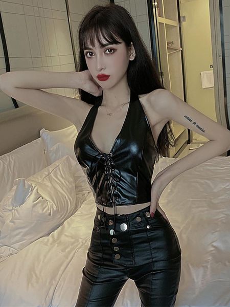 women's t-shirt 2021 summer nightclub jump di halter neck short straps pu leather tube outer wear vest women, White
women's t-shirt 2021 summer nightclub jump di halter neck short straps pu leather tube outer wear vest women, White