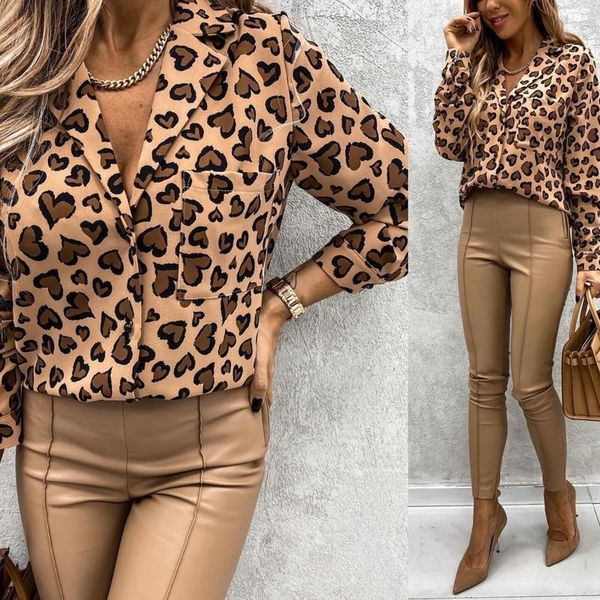 women's blouse, lapel single chest pocket shirt loose hem leopard print for female, White
women's blouse, lapel single chest pocket shirt loose hem leopard print for female, White
