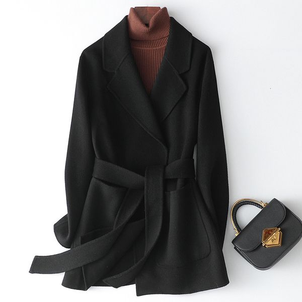 women's wool & blends autumn winter coat turn down collar women woolen jacket korean belt pocket cashmere outerwear female casaco, Black
women's wool & blends autumn winter coat turn down collar women woolen jacket korean belt pocket cashmere outerwear female casaco, Black