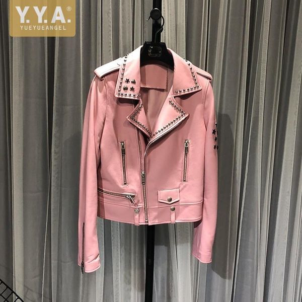 women's leather & faux women pink sheepskin genuine jacket short rivets star studded punk style coat ladies runway biker, Black
women's leather & faux women pink sheepskin genuine jacket short rivets star studded punk style coat ladies runway biker, Black