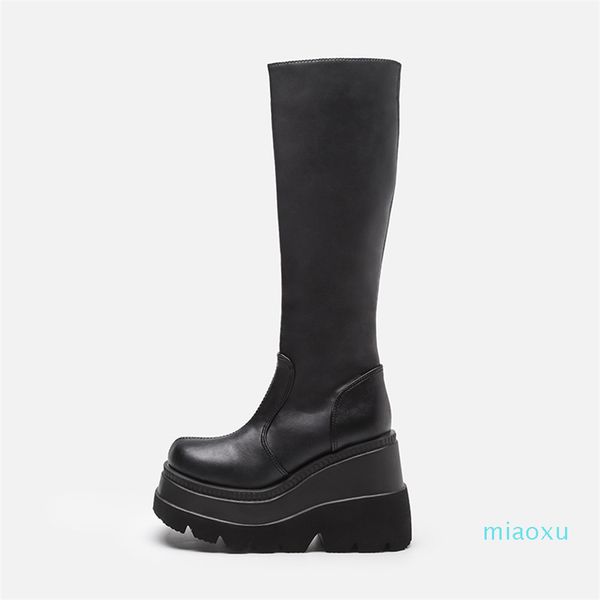 women leather shoes spring winter high platform heels elasticity motorcycles black boots goth zip women's knee 211018
women leather shoes spring winter high platform heels elasticity motorcycles black boots goth zip women's knee 211018