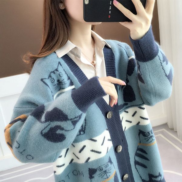 women's sweaters cartoon cat knitted cardigan autumn winter loose casual sweater coat lazy style thick gcib, White;black
women's sweaters cartoon cat knitted cardigan autumn winter loose casual sweater coat lazy style thick gcib, White;black