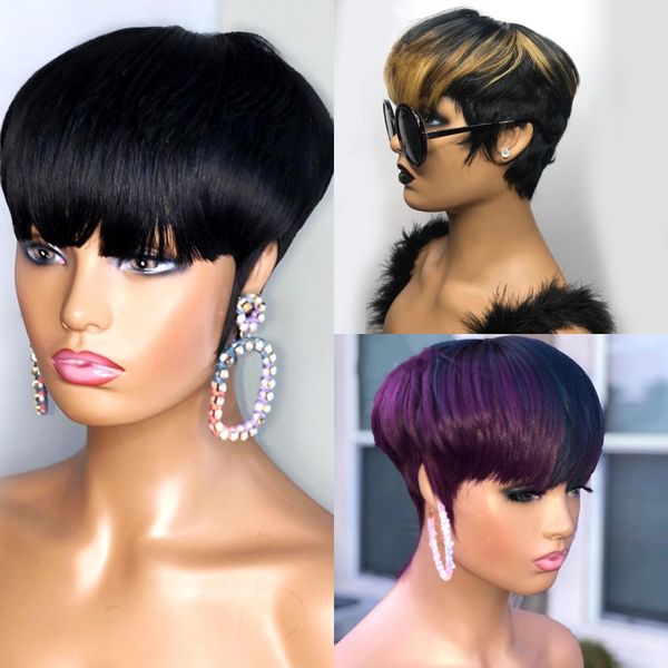 

Ombre Blonde/ Purple Green Short Pixie Cut Bob Human Hair Wigs with Natural Bangs for Black Women Brazilian Straight No Lace Front Wig, Customize