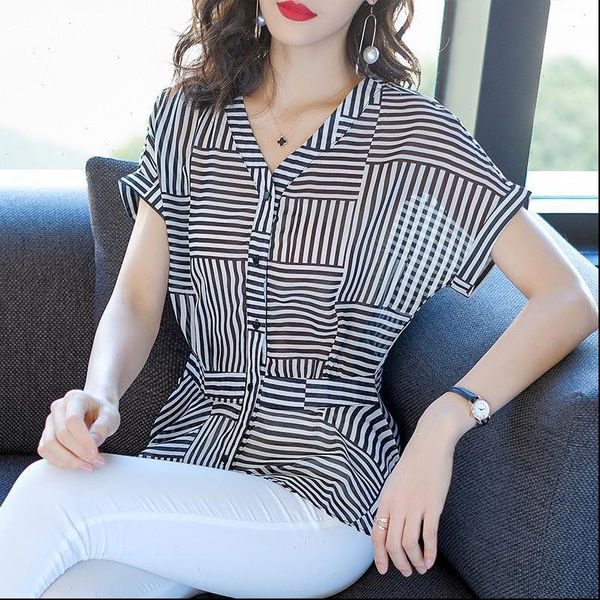 women spring summer style chiffon blouses shirt lady casual short sleeve v neck striped womens casual loose df3514, White
women spring summer style chiffon blouses shirt lady casual short sleeve v neck striped womens casual loose df3514, White