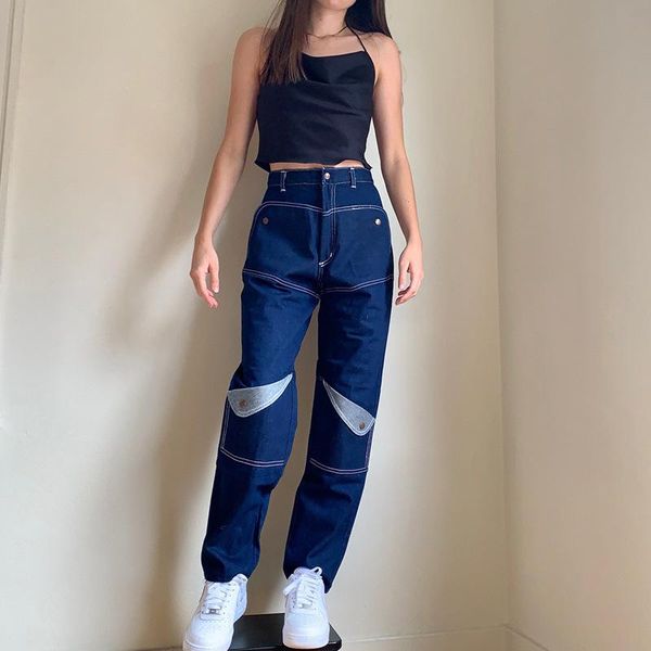 women's jeans summer style stitching contrast color high-waist straight-leg pants pocket, Blue
women's jeans summer style stitching contrast color high-waist straight-leg pants pocket, Blue