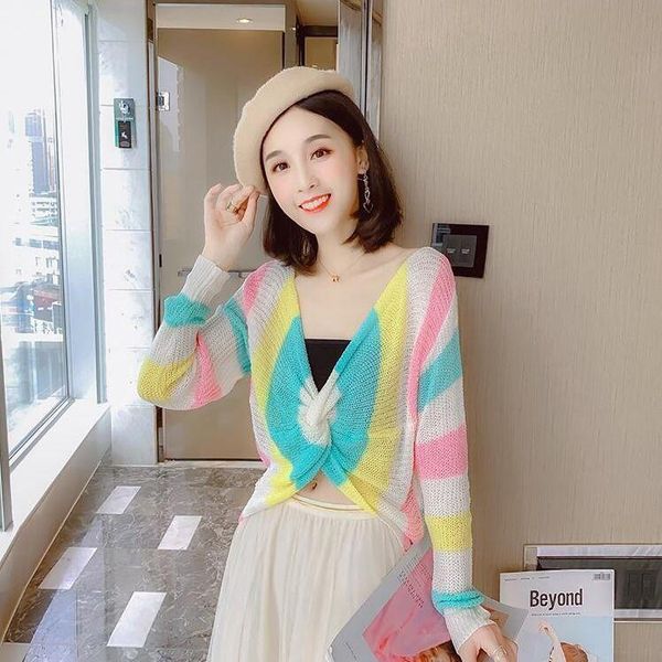 women's sweaters fashion girl summer knitted sweater cropped pullovers v neck rainbow striped jacket full sleeve, White;black
women's sweaters fashion girl summer knitted sweater cropped pullovers v neck rainbow striped jacket full sleeve, White;black
