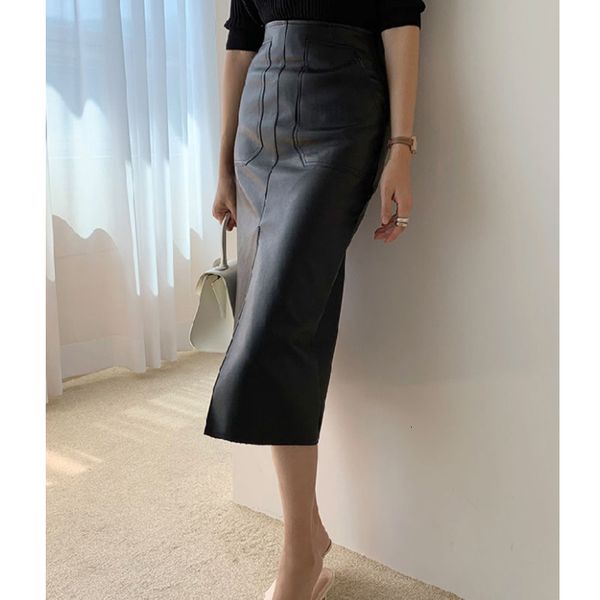 leather women's pu high waist slim split gw7b, Black