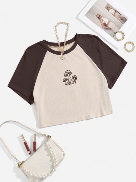 plus mushroom print color block raglan sleeve tee d7sq#, Black