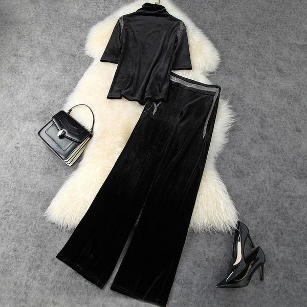 women's two piece pants 2021 autumn women casual suit beading tassel waist wide leg black long and high neck velvet set, White
women's two piece pants 2021 autumn women casual suit beading tassel waist wide leg black long and high neck velvet set, White