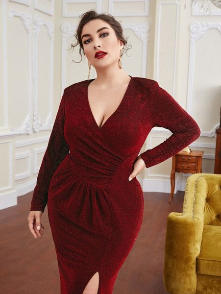 plus ruched surplice neck split thigh glitter dress n9p9#, Black 
plus ruched surplice neck split thigh glitter dress n9p9#, Black