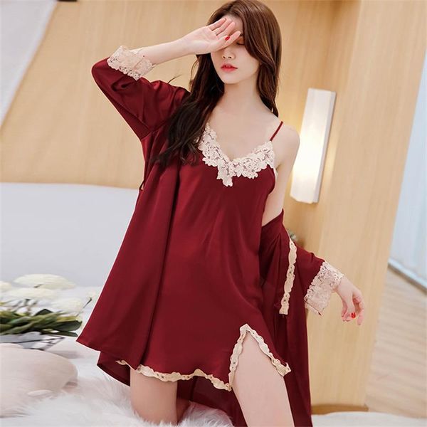 women's sleepwear autumn women nightgown sets 2 pieces nightdress bathrobe female satin kimono bath gown robes suit, Black;red
women's sleepwear autumn women nightgown sets 2 pieces nightdress bathrobe female satin kimono bath gown robes suit, Black;red