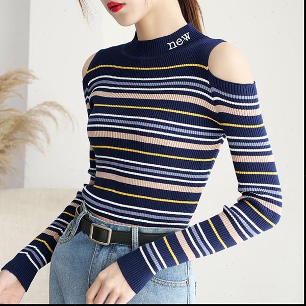 striped pullovers women off shoulder sweater new slim knitted high elastic 2021 fall winter fashion pull femme, White;black
striped pullovers women off shoulder sweater new slim knitted high elastic 2021 fall winter fashion pull femme, White;black