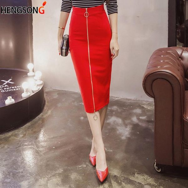 skirts hengsong 2021 summer metal ring zipper long skirt women's elastic bag hip 724148, Black