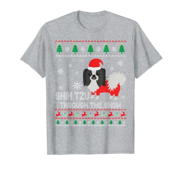 shih tzu with noel costume through the snow ugly sweater t-shirt, White;black 
shih tzu with noel costume through the snow ugly sweater t-shirt, White;black