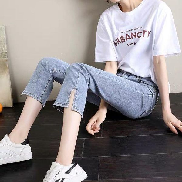 women's jeans high waist stretch straight tube loose spring summer slim split pipe pants, Blue
women's jeans high waist stretch straight tube loose spring summer slim split pipe pants, Blue