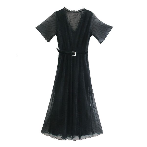 2021 new women chic with belt dotted mesh midi vintage v neck short sleeve elastic waist female es vestido bda2, Black;gray
2021 new women chic with belt dotted mesh midi vintage v neck short sleeve elastic waist female es vestido bda2, Black;gray