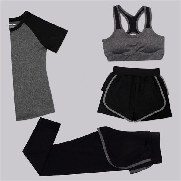 women 4 pieces yoga set bra+t-shirt+shorts+pants black/gray patchwork quick dry girls sportswear gym running female outwear, White;red
women 4 pieces yoga set bra+t-shirt+shorts+pants black/gray patchwork quick dry girls sportswear gym running female outwear, White;red