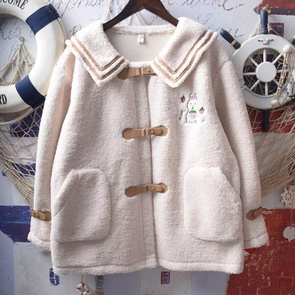 women's fur & faux japanese college style embroidery jacket soft girl vintage navy collar short lamb wool outwear streetwear coats, Black
women's fur & faux japanese college style embroidery jacket soft girl vintage navy collar short lamb wool outwear streetwear coats, Black