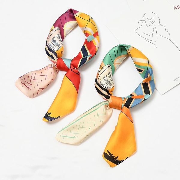 scarves 2021 70*70cm woman spring multicolor patchwork silk scarf square neck head hair wraps, Blue;gray 
scarves 2021 70*70cm woman spring multicolor patchwork silk scarf square neck head hair wraps, Blue;gray