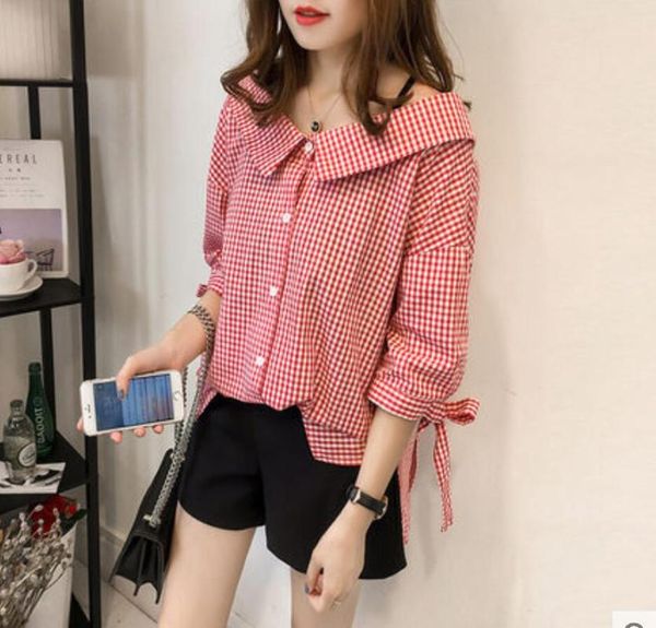 women's blouses & shirts -4xl preppy style plaid slash neck black/red tunic korean loose blouse shirt off shoulder summer sweet, White
women's blouses & shirts -4xl preppy style plaid slash neck black/red tunic korean loose blouse shirt off shoulder summer sweet, White