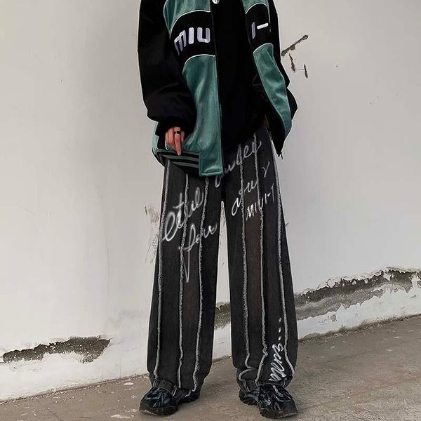 men's jeans frayed letter striped washed wide leg pants mens and womens high street straight oversize denim trousers, Blue
men's jeans frayed letter striped washed wide leg pants mens and womens high street straight oversize denim trousers, Blue