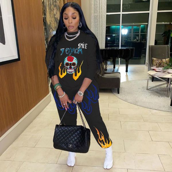 women's two piece pants cl102 2021 loose print flame skull long sleeve casual set wear, White
women's two piece pants cl102 2021 loose print flame skull long sleeve casual set wear, White