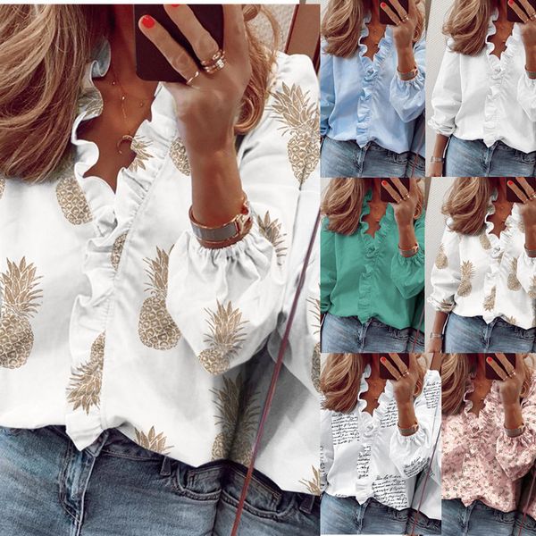 women's blouses shirts explosive european and american summer ruffled long-sleeved slim pineapple print women, White
women's blouses shirts explosive european and american summer ruffled long-sleeved slim pineapple print women, White