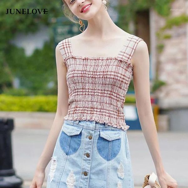 junelove women summer plaid blouse shirts vintage backless female elastic casual holiday lady sleeveless short women's blouses, White 
junelove women summer plaid blouse shirts vintage backless female elastic casual holiday lady sleeveless short women's blouses, White