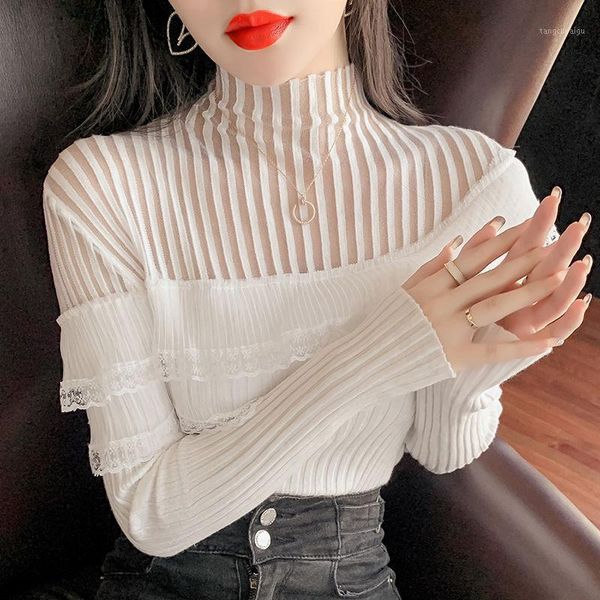 women's sweaters 2021 lace half high neck stitching slim knit sweater solid color long-sleeved top, White;black
women's sweaters 2021 lace half high neck stitching slim knit sweater solid color long-sleeved top, White;black