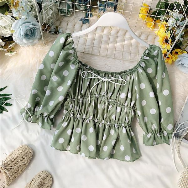 women's blouses & shirts short design navel chiffon shirt 2021 square collar blouse drawstring super fairy sweet dot women, White
women's blouses & shirts short design navel chiffon shirt 2021 square collar blouse drawstring super fairy sweet dot women, White